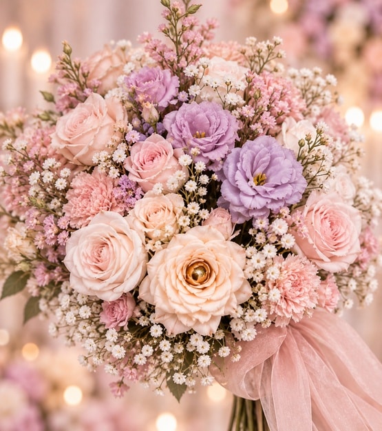 Ramo floral en tonos rosa y morado