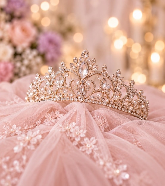 Tiara sobre vestido rosa
